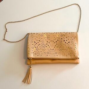 Gold & Beige Crossbody Clutch with Tassel Zipper